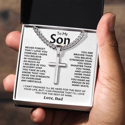 To My Son - Love Dad - Artisan Cross on Cuban Link Chain - Gift Set - SS542D