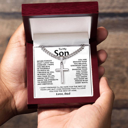 To My Son - Love Dad - Artisan Cross on Cuban Link Chain - Gift Set - SS542D